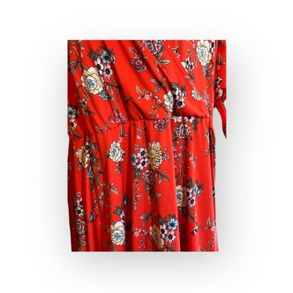Women’s 2X Michel Studio Red Orange Wrap Front Floral Dress Short Slit Sleeve - Picture 2 of 9